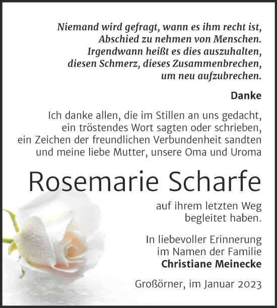 Traueranzeige von Rosemarie Scharfe von Trauerkombi Mansfelder Land