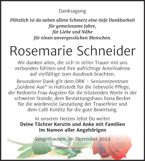 Traueranzeige von Rosemarie Schneider von Trauerkombi Sangerhausen