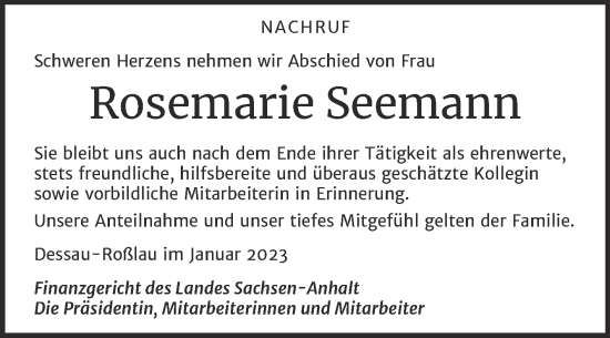 Traueranzeige von Rosemarie Seemann von Mitteldeutsche Zeitung Dessau-Roßlau