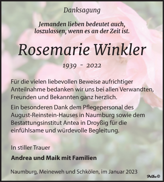 Traueranzeige von Rosemarie Winkler von Trauerkombi Zeitz