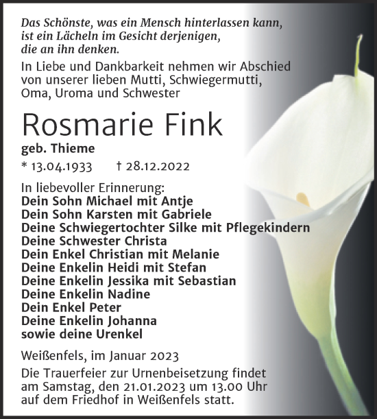 Traueranzeige von Rosmarie Fink von Trauerkombi Weißenfels