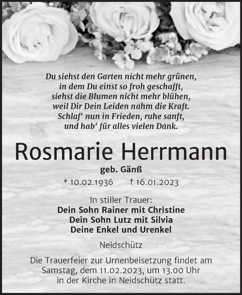  Traueranzeige für Rosmarie Herrmann vom 25.01.2023 aus Wochenspiegel Naumburg/Nebra