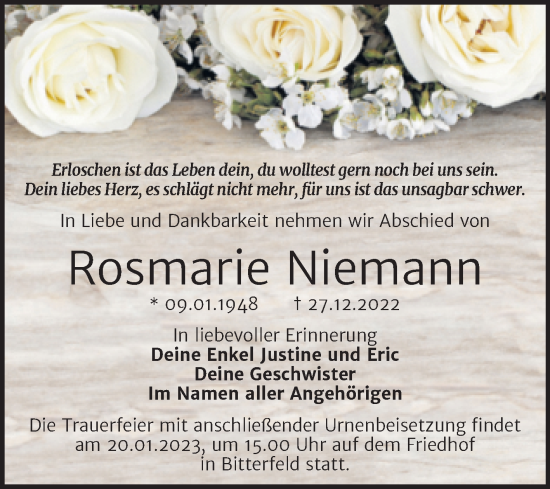 Traueranzeige von Rosmarie Niemann von Trauerkombi Bitterfeld