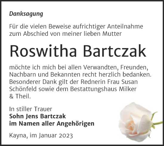 Traueranzeige von Roswitha Bartczak von Trauerkombi Zeitz
