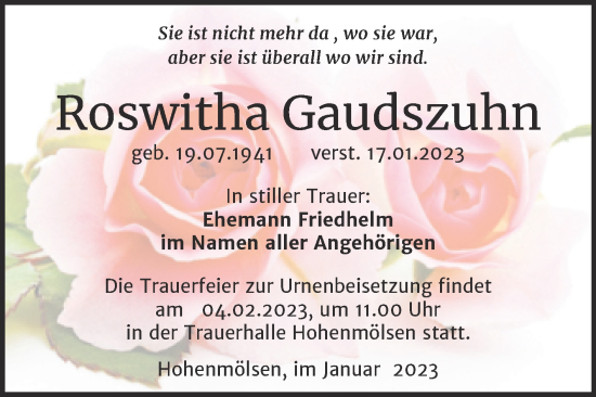 Traueranzeige von Roswitha Gaudszuhn von Trauerkombi Weißenfels