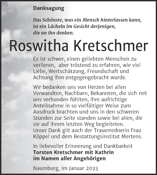 Traueranzeige von Roswitha Kretschmer von Wochenspiegel Naumburg/Nebra