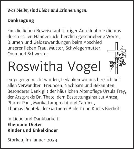 Traueranzeige von Roswitha Vogel von Trauerkombi Weißenfels