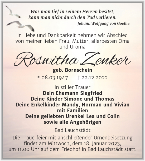 Traueranzeige von Roswitha Zenker von Trauerkombi Merseburg