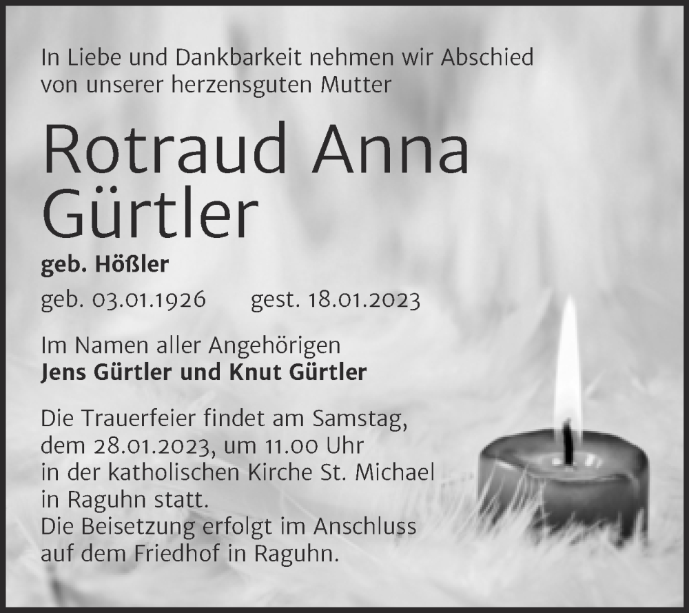  Traueranzeige für Rotraud Anna Gürtler vom 21.01.2023 aus Trauerkombi Bitterfeld