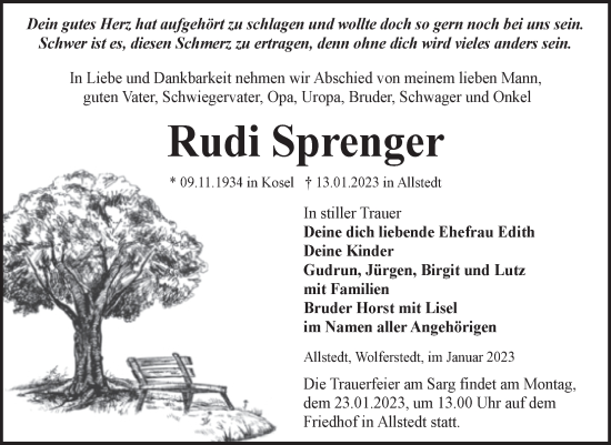 Traueranzeige von Rudi Sprenger von Trauerkombi Sangerhausen