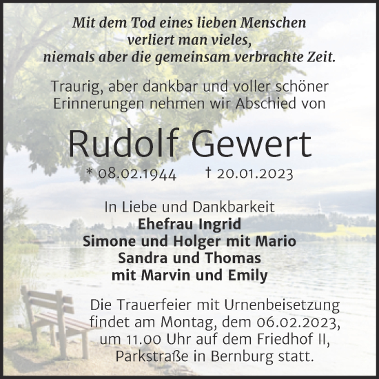 Traueranzeige von Rudolf Gewert von Trauerkombi Bernburg