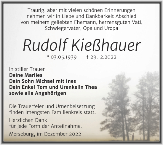 Traueranzeige von Rudolf Kießhauer von Trauerkombi Merseburg