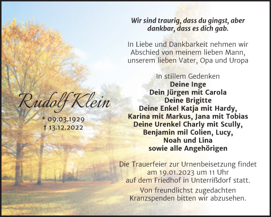 Traueranzeige von Rudolf Klein von Trauerkombi Mansfelder Land