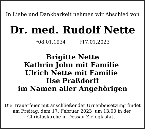 Traueranzeige von Rudolf Nette von Mitteldeutsche Zeitung Dessau-Roßlau