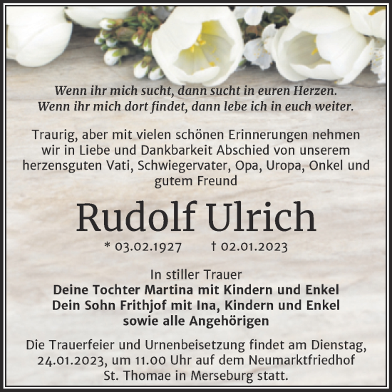 Traueranzeige von Rudolf Ulrich von Trauerkombi Merseburg