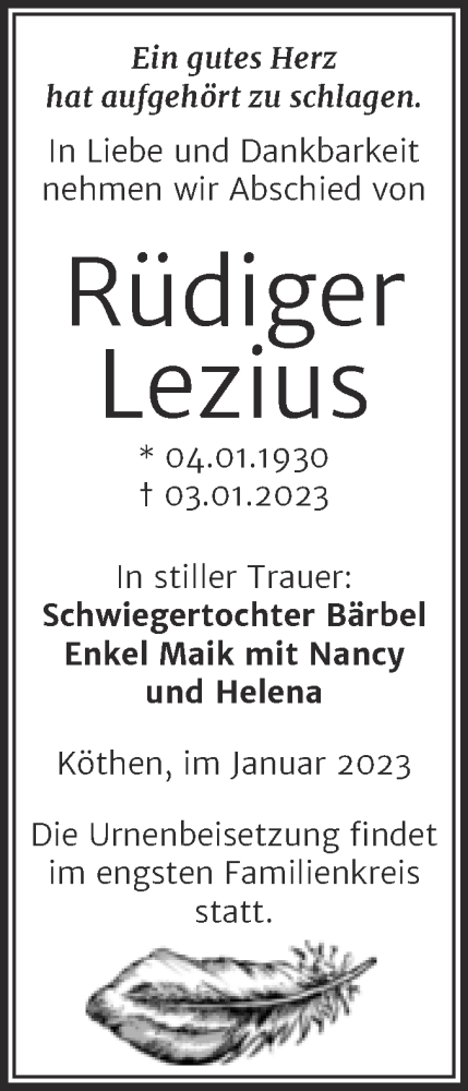 Traueranzeige von Rüdiger Lezius von Trauerkombi Köthen