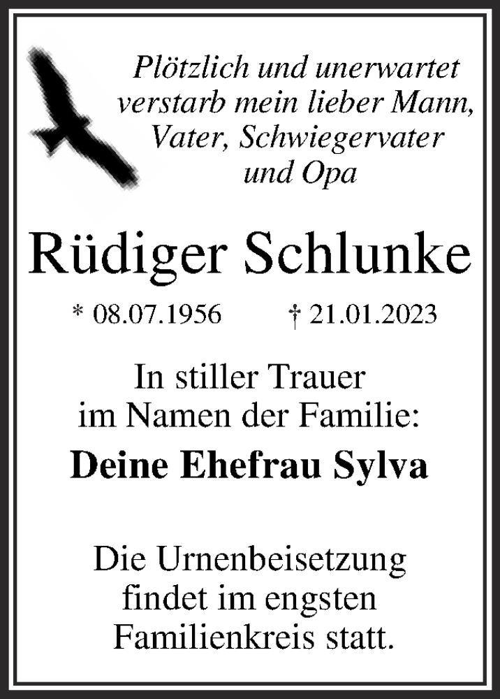  Traueranzeige für Rüdiger Schlunke vom 28.01.2023 aus Trauerkombi Dessau