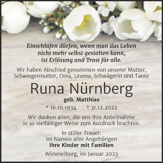 Traueranzeige von Runa Nürnberg von Trauerkombi Mansfelder Land
