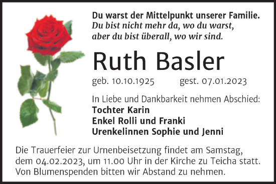 Traueranzeige von Ruth Basler von Mitteldeutsche Zeitung Halle/Saalkreis