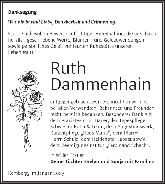 Traueranzeige von Ruth Dammenhain von Trauerkombi Wittenberg