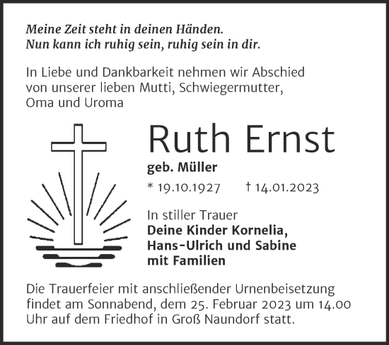 Traueranzeige von Ruth Ernst von Trauerkombi Wittenberg