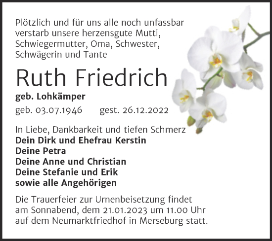 Traueranzeige von Ruth Friedrich von Trauerkombi Merseburg
