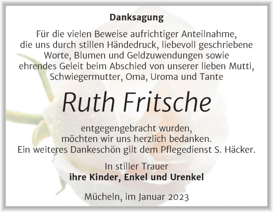 Traueranzeige von Ruth Fritsche von Trauerkombi Merseburg