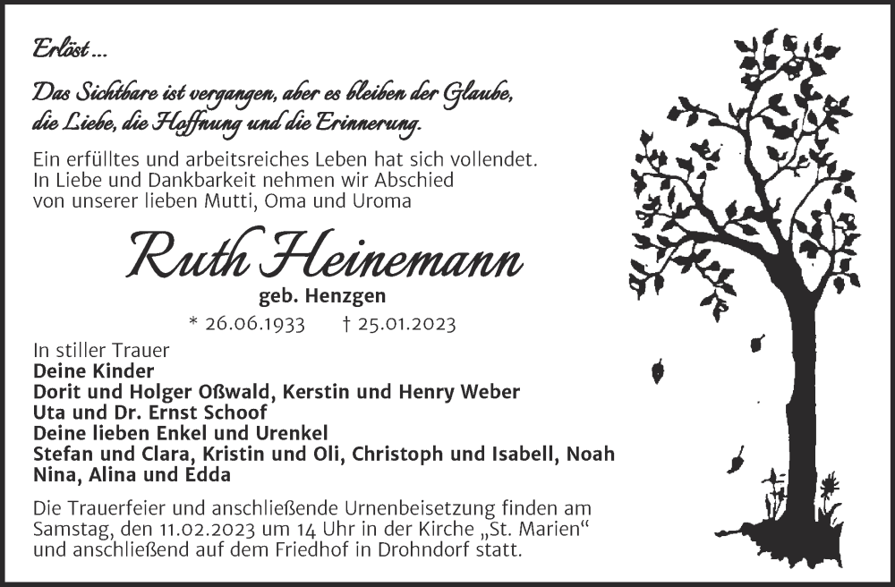  Traueranzeige für Ruth Heinemann vom 28.01.2023 aus Trauerkombi Aschersleben