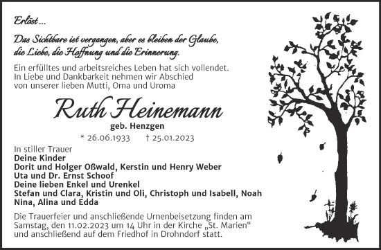 Traueranzeige von Ruth Heinemann von Trauerkombi Aschersleben