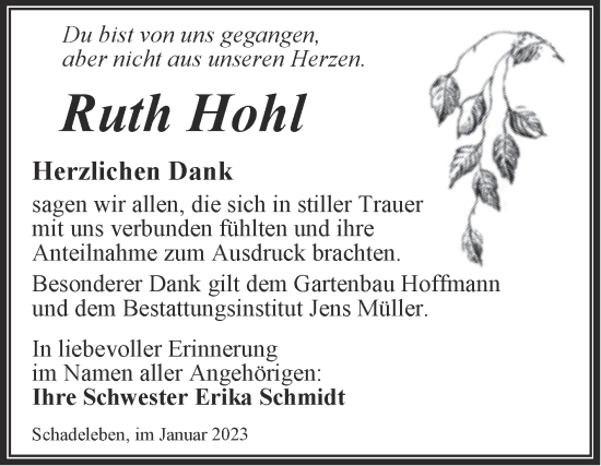 Traueranzeige von Ruth Hohl von Trauerkombi Aschersleben