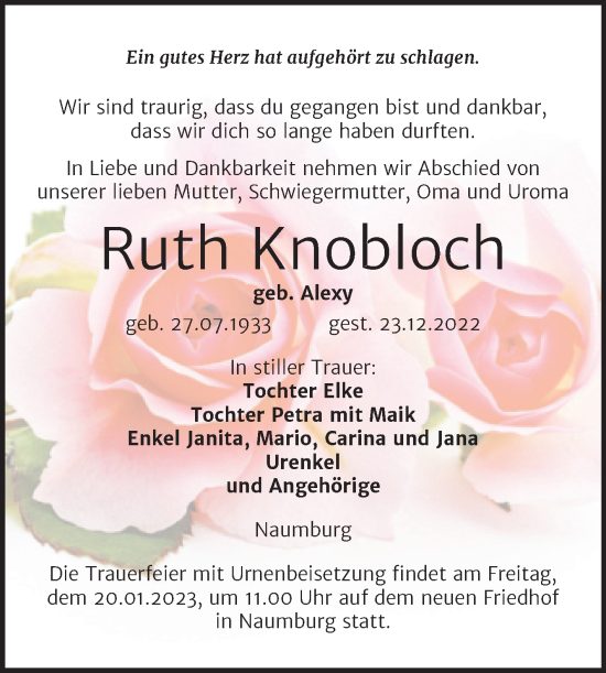 Traueranzeige von Ruth Knobloch von Wochenspiegel Naumburg/Nebra