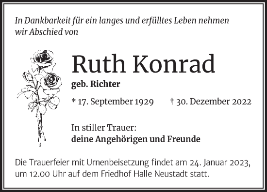 Traueranzeige von Ruth Konrad von Mitteldeutsche Zeitung Halle/Saalkreis