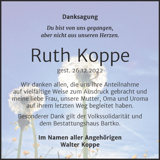 Traueranzeige von Ruth Koppe von Trauerkombi Köthen