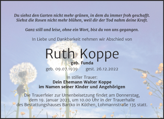 Traueranzeige von Ruth Koppe von Trauerkombi Köthen