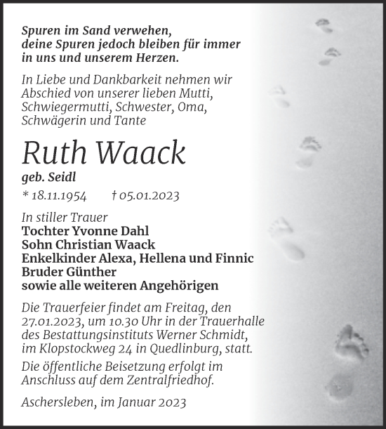 Traueranzeige von Ruth Waack von Trauerkombi Bernburg