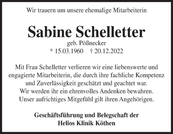 Traueranzeige von Sabine Schelletter von Mitteldeutsche Zeitung Köthen