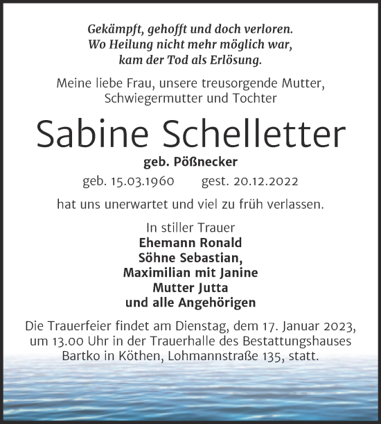 Traueranzeige von Sabine Schelletter von Trauerkombi Köthen
