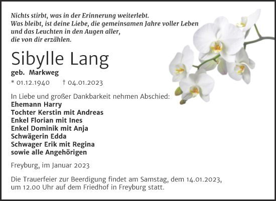 Traueranzeige von Sibylle Lang von Naumburger Tageblatt