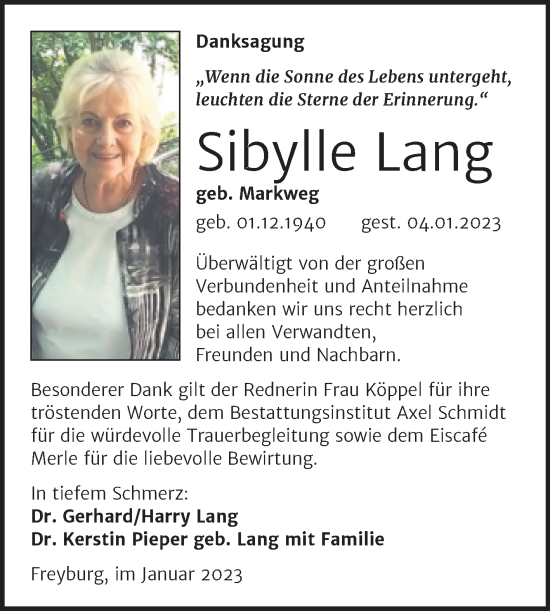 Traueranzeige von Sibylle Lang von Wochenspiegel Naumburg/Nebra