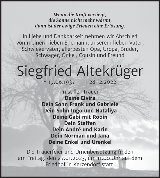 Traueranzeige von Siegfried Altekrüger von Trauerkombi Wittenberg