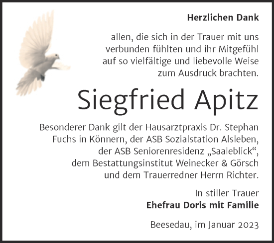Traueranzeige von Siegfried Apitz von Trauerkombi Bernburg
