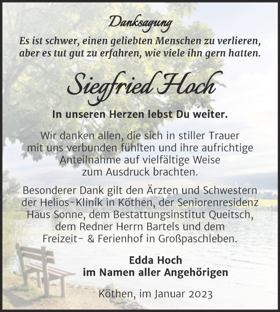 Traueranzeige von Siegfried Hoch von Trauerkombi Köthen