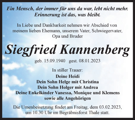 Traueranzeige von Siegfried Kannenberg von Trauerkombi Quedlinburg