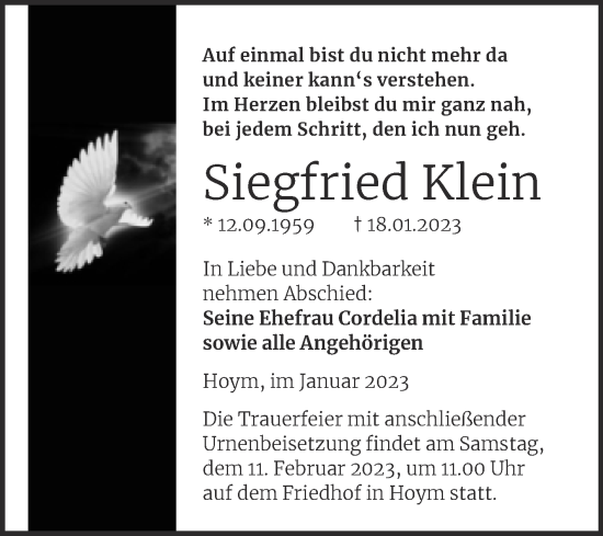 Traueranzeige von Siegfried Klein von Trauerkombi Aschersleben