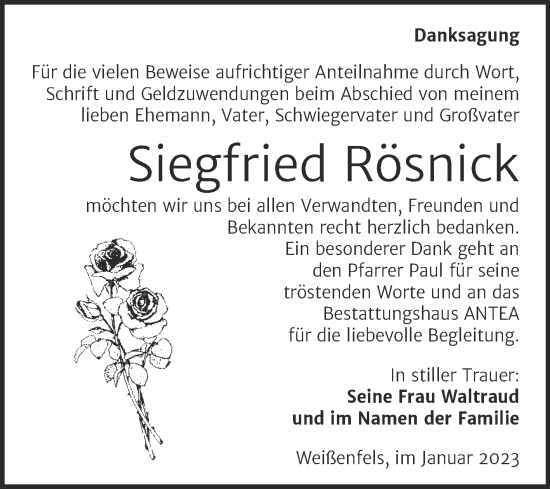 Traueranzeige von Siegfried Rösnick von Trauerkombi Weißenfels