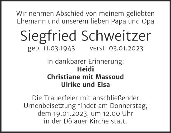 Traueranzeige von Siegfried Schweitzer von Mitteldeutsche Zeitung Halle/Saalkreis
