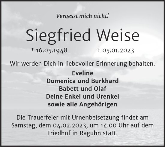 Traueranzeige von Siegfried Weise von Trauerkombi Bitterfeld