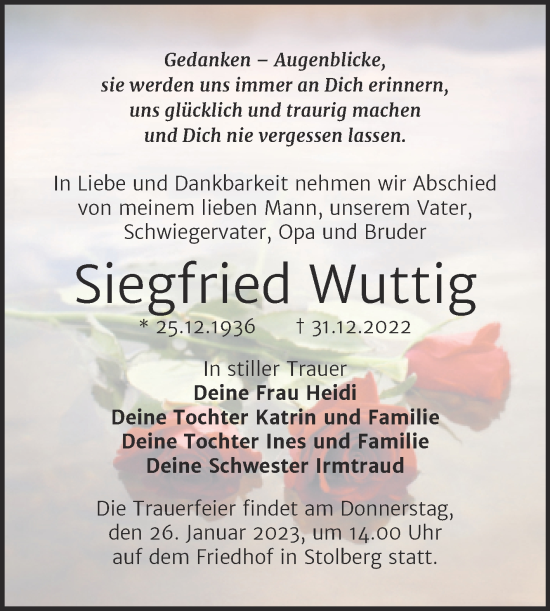 Traueranzeige von Siegfried Wuttig von Trauerkombi Sangerhausen