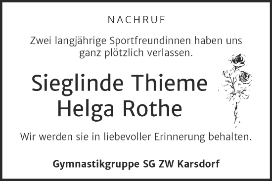 Traueranzeige von Sieglinde und Helga  von Wochenspiegel Naumburg/Nebra