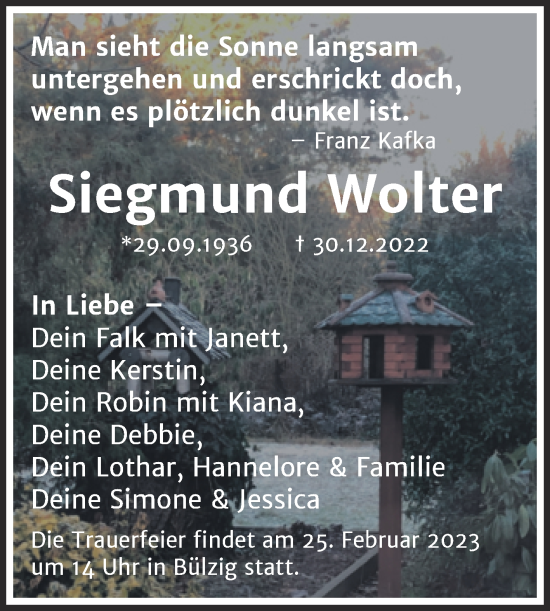 Traueranzeige von Siegmund Wolter von Trauerkombi Wittenberg